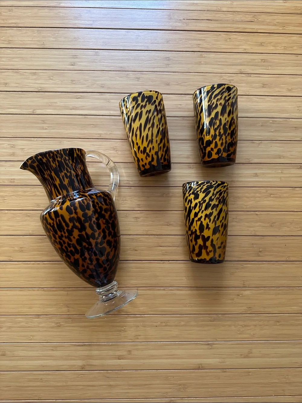 Vintage Hand Blown Leopard Print Art Glass, Pedestal Pitcher and Matching Cups